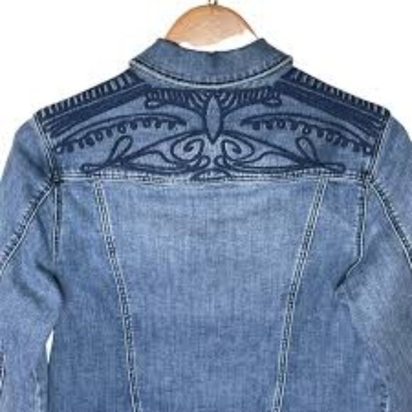 NWT Liverpool Los Angeles Bosley Embroidered Denim Jacket Frayed‎ Hem Blue L - Picture 3 of 4